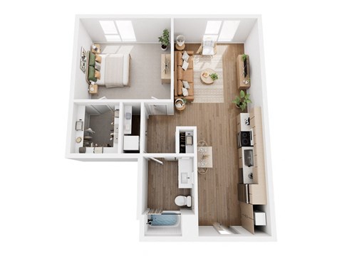 A top-down view of a small apartment with a kitchen, living room, and bathroom.